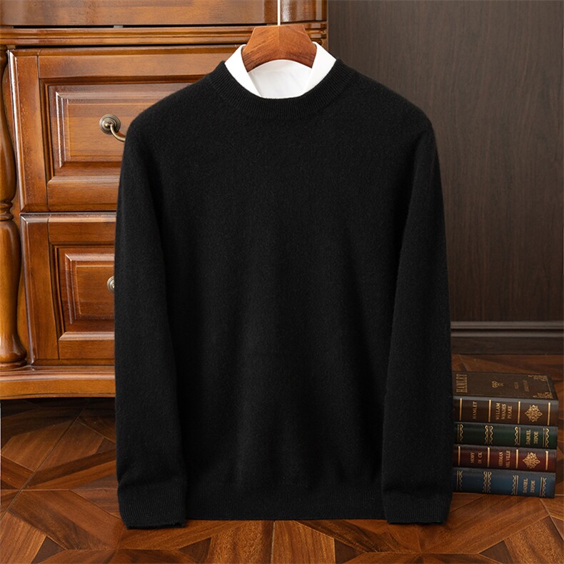 新款高品质保暖男士衫经典黑色圆领设计简约百搭，男装羊绒套衫，牧雅羊绒