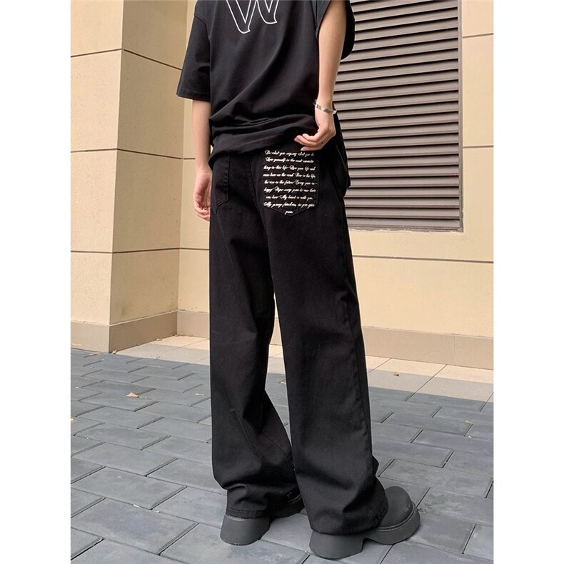 美式黑色牛仔裤男刺绣裤脚廓形Cleanfit宽松休闲直筒裤X2633,男装牛仔裤,星座208-5