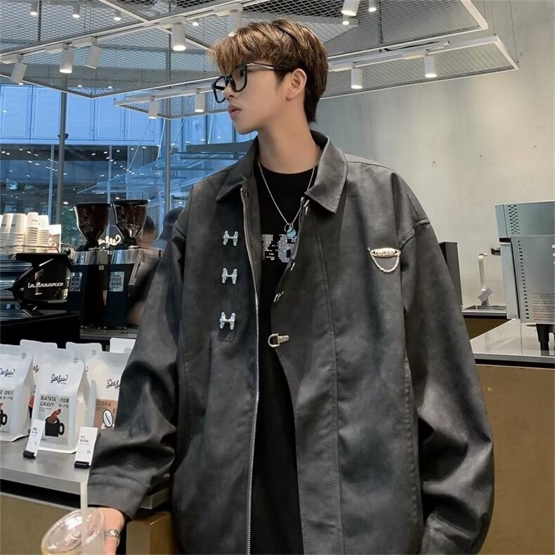 美式高街夹克男韩版潮配链条痞子帅2025春季新款ins外套W6342-P88，男装皮衣，星座412-3