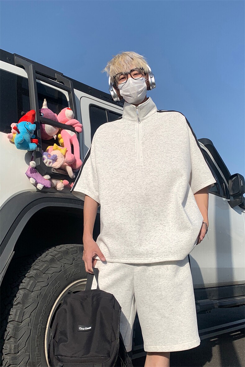 跑步运动套装男款夏季美式高街半拉链立领条纹拼接短袖短裤两件套,男装Polo衫,电商A007
