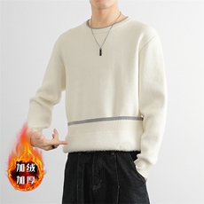 加绒加厚男日系慵懒风通勤简约假两件圆领上衣套头针织衫，男装针织衫/毛衣，星座914