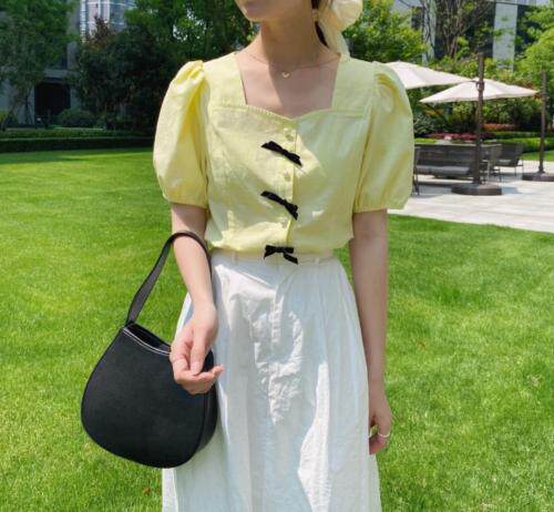 珍珠蝴蝶结麻料上衣，女装，新袖