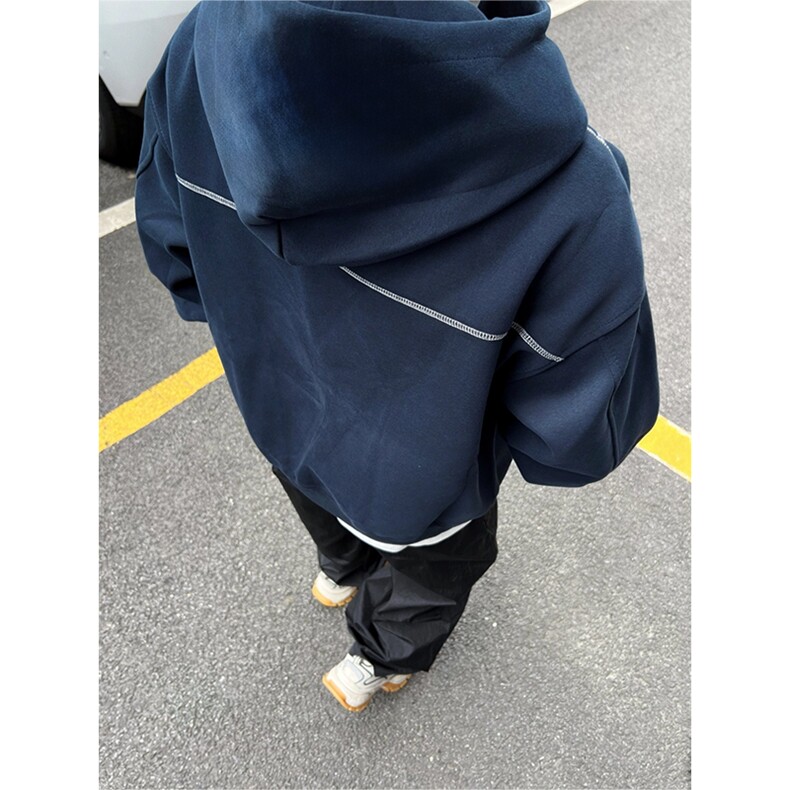 抖音得物高品质秋冬美式高街重磅结构辑明线纹理连帽卫衣外套W111,女装短外套,电商A486-1