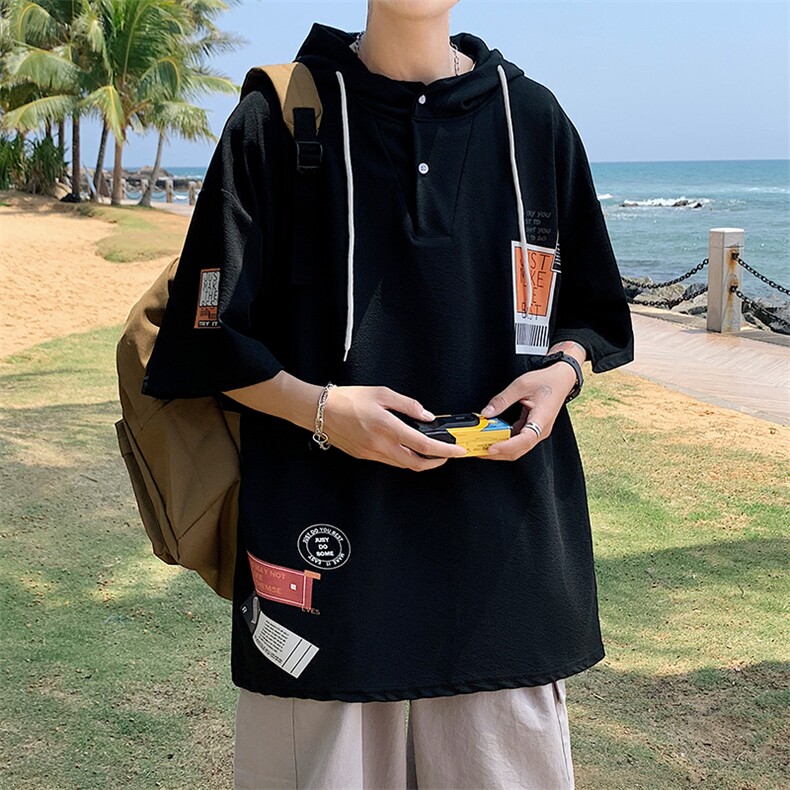 LD54121-P45 连帽短袖t恤男大码胖子带帽五分袖中袖图片