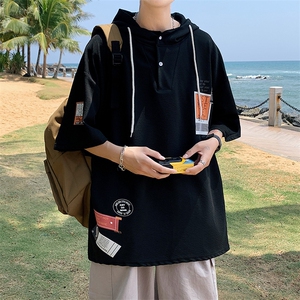 LD54121-P45 连帽短袖t恤男大码胖子带帽五分袖中袖图片