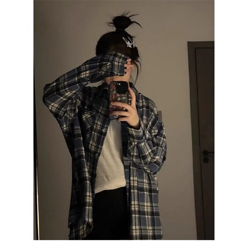春秋季蓝色毛边长袖格纹宽松衬衫男女美式复古上衣休闲百搭外套潮,男装衬衫,星座506A