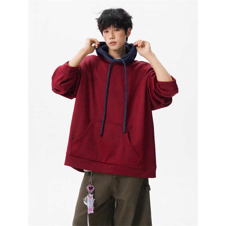 现货WY10166-特P48 控88美式复古撞色解构拼接大码男宽松情侣卫衣图片