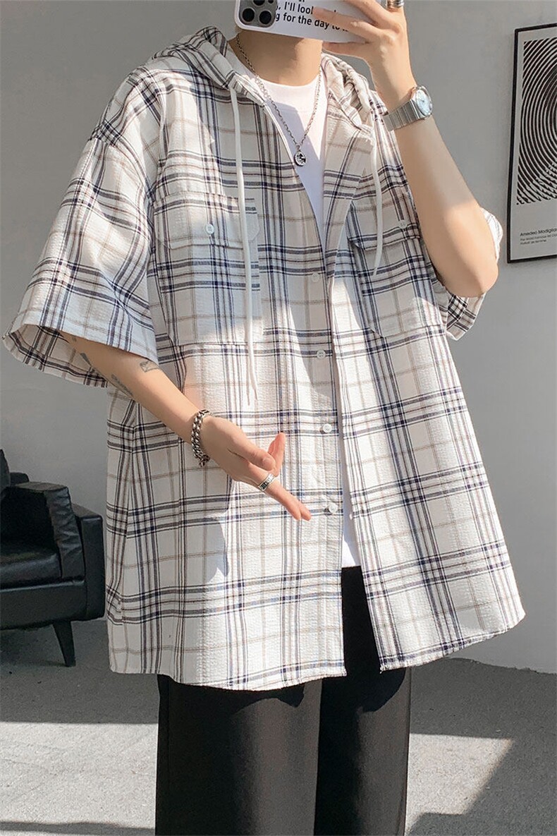 现货T10118-特批42控78活力格子衬衫男女宽松T恤短袖连帽开衫,男装T恤,电商A059