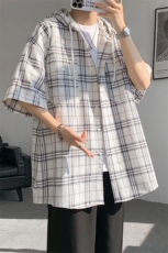 现货T10118-特批42控78活力格子衬衫男女宽松T恤短袖连帽开衫，男装T恤，电商A059