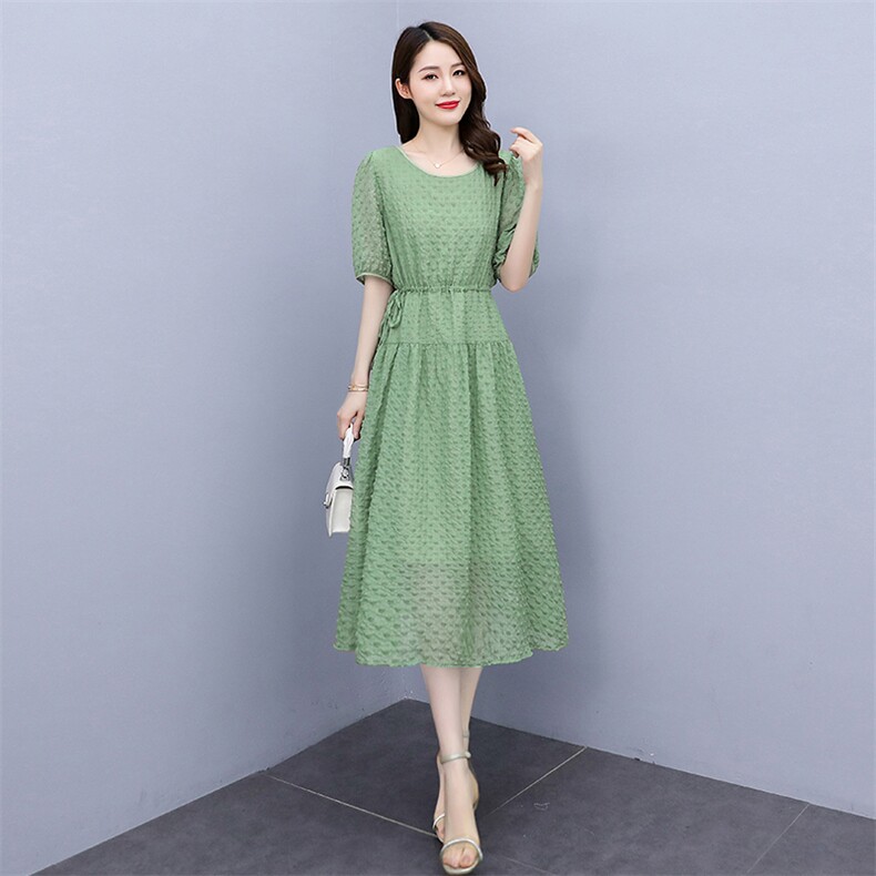 现货2022年夏季新款时尚气质简约大方抽绳优雅中长连衣裙,女装连衣裙,盈茜