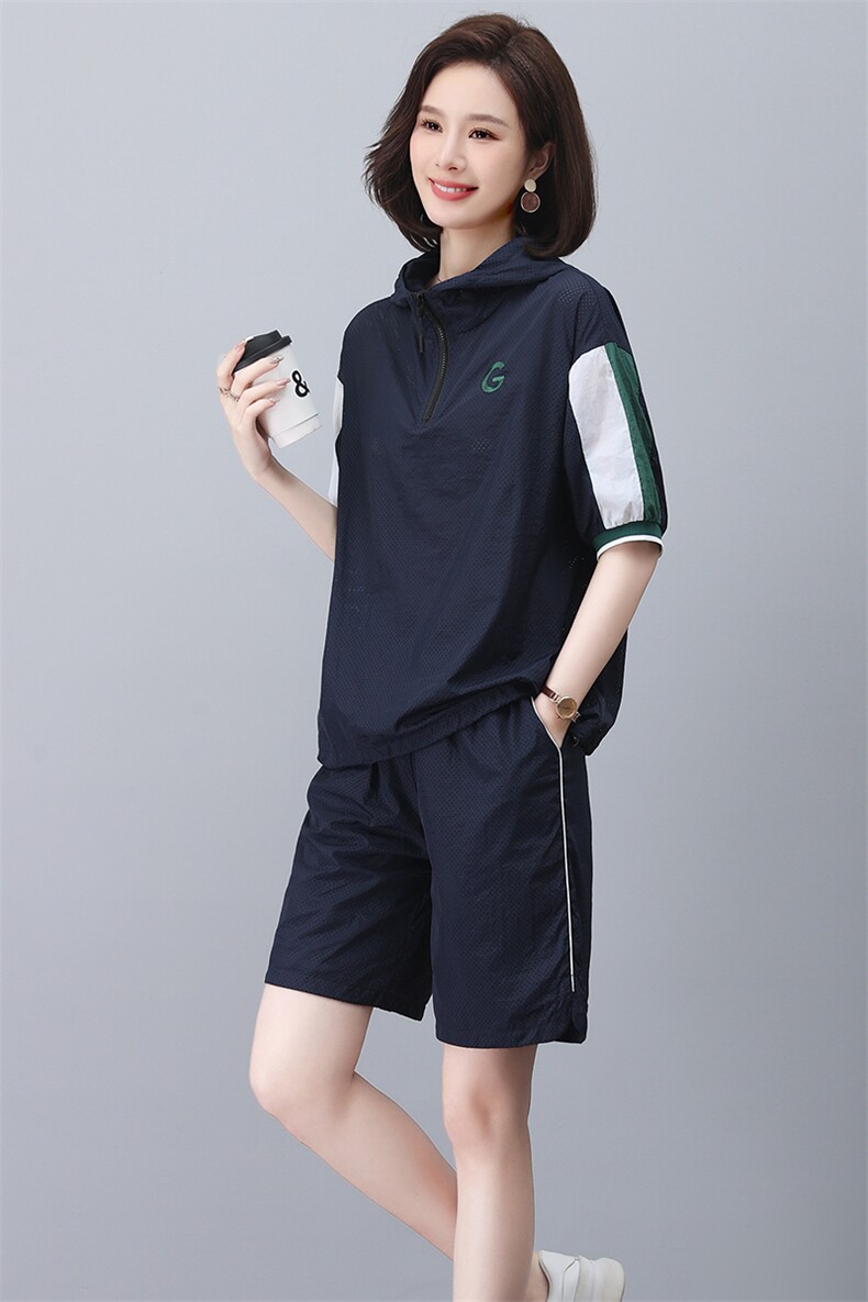 夏季短袖短款套装女2023新款洋气减龄连帽上衣宽松休闲时尚两件套,女装套装/套裙,忆绮罗