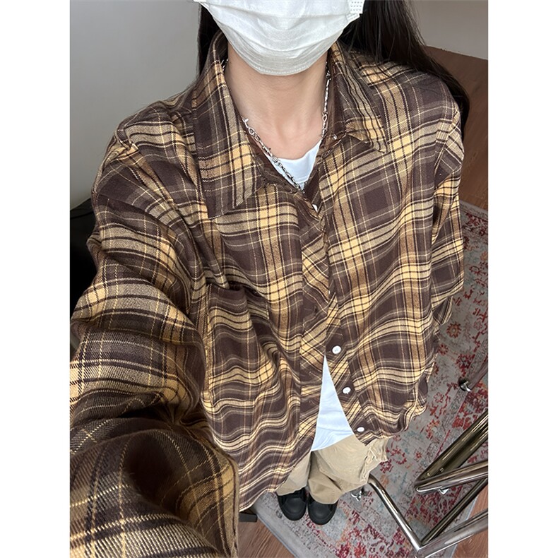 藏青色格子衬衫美式复古高级感长袖衬衣男生ootd穿搭春秋休闲外套,男装衬衫,电商A003