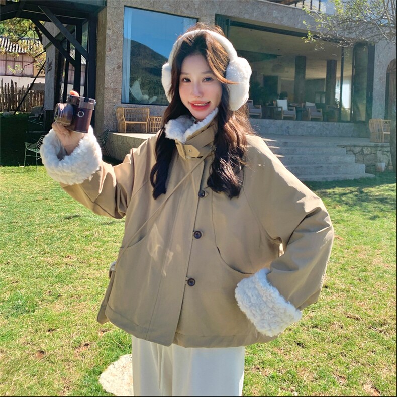新款！羊羔毛拼接派克服羽绒服2C133-8993-P255-K378,女装羽绒服,2C133