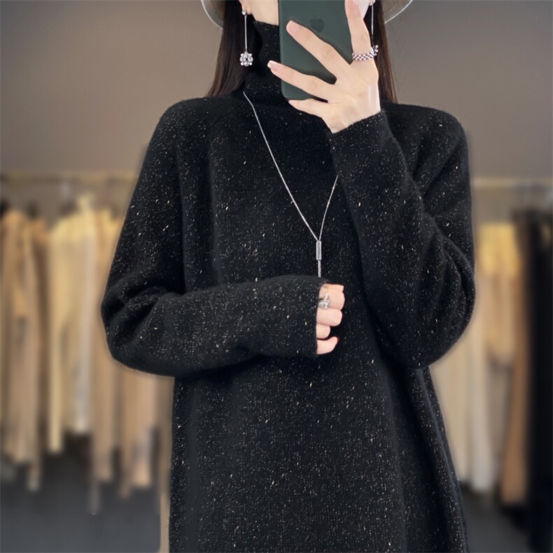 高领100%纯羊毛衫女中长款亮丝针织毛衣秋冬宽松慵懒风打底羊绒衫,女装羊毛衫,迅太羊绒