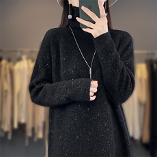 高领100%纯羊毛衫女中长款亮丝针织毛衣秋冬宽松慵懒风打底羊绒衫，女装羊毛衫，迅太羊绒