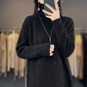 高领100%纯羊毛衫女中长款亮丝针织毛衣秋冬宽松慵懒风打底羊绒衫图片