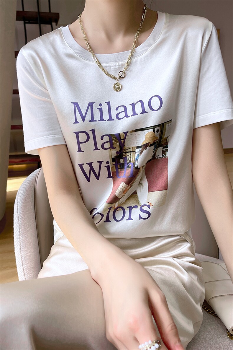 重磅真丝t恤女短袖印花桑蚕丝白色圆领小衫2024夏装半袖短款上衣,女装T恤,兴泰羊绒