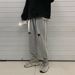 春季新品破洞休闲裤男女韩版长裤运动束脚裤子chic风T图片