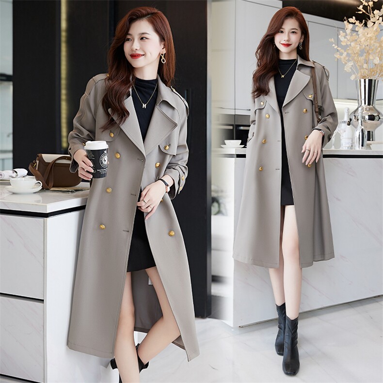 英伦风灰色风衣女2025春秋新款高级感系带收腰妈妈长款高个子外套，女装风衣，时尚俏佳人