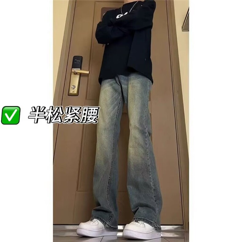 男士潮牌cleanfit复古牛仔裤秋冬季加绒美式修身直筒微喇长裤装潮图片