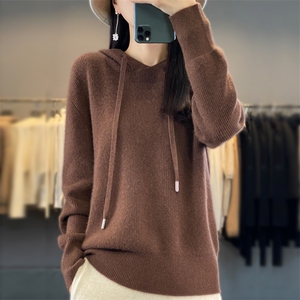 秋100羊毛衫连帽针织套头卫衣女宽松慵懒元宝针带帽打底帽衫图片