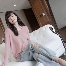 简约长袖针织衫女士宽松百搭显瘦精纺V领长袖针织衫，女装针织衫/毛衣，唯若美羊绒