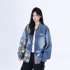 2582-P70美式水洗擦色慵懒感洗水牛仔外套春秋女复古宽松破洞，男装工装外套，电商B323A
