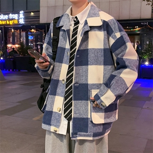 呢子外套男港风ins格子撞色复古毛呢大衣青年宽松冬季 W2201-P62图片