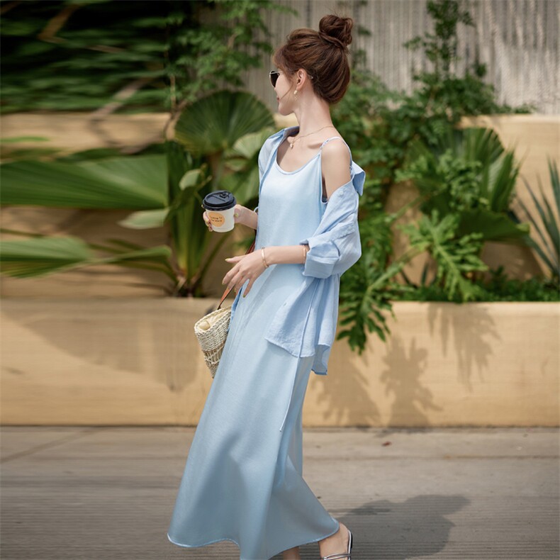 欧洲站2025春夏新款遮肚显瘦天丝收腰衬衫吊带绸缎连衣裙两件套女,女装套装/套裙,意芙