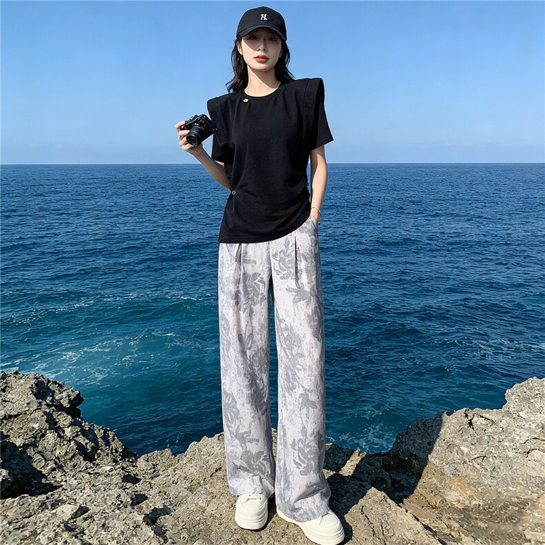 时尚简约套装女夏新款收腰显瘦圆领开叉不规则短袖印花长裤两件套,女装套装/套裙,江南