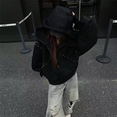 抖音得物高品质二开26春装美式高街铆钉拼接纯色开衫卫衣外套W122，女装短外套，电商A486