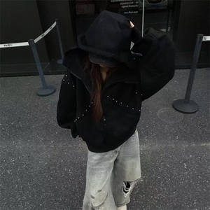 抖音得物高品质二开26春装美式高街铆钉拼接纯色开衫卫衣外套W122图片
