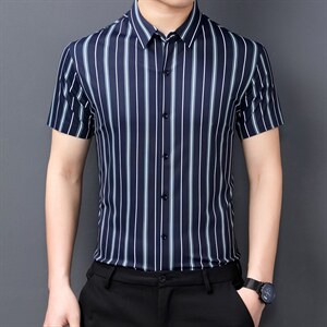 2023夏季新款中青年修身无痕免烫衬衣爸爸装短袖条纹衬衫男图片