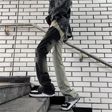 街头拼接牛仔裤男女春秋新款潮美式复古直筒微喇长裤N0731-P52，男装牛仔裤，星座308B-1