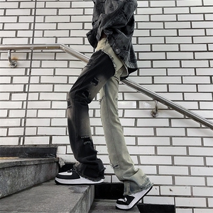 街头拼接牛仔裤男女春秋新款潮美式复古直筒微喇长裤N0731-P52图片