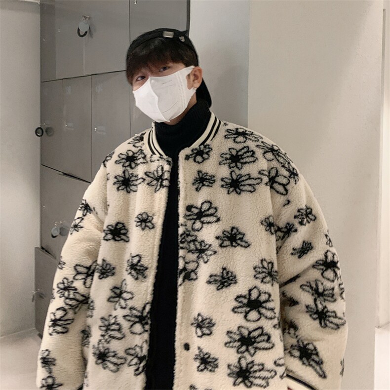 M9022P90港风外景羊羔毛棒球领花朵印花学生棉衣百搭情侣外套,男装棉衣,电商A026-1