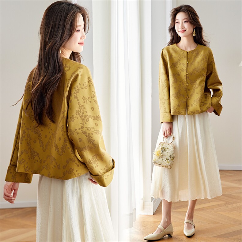 在仓~2026年春季圆领插肩袖单排扣真口袋提花带里布拼色外套，女装短外套，新依时派