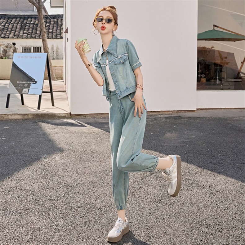 夏季时尚牛仔套装女2025年新款休闲穿搭欧货时髦洋气九分裤两件套,女装套装/套裙,意芙
