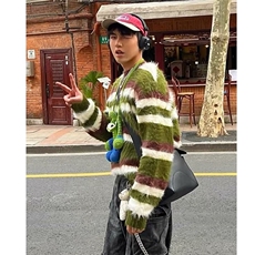 马海毛针织衫男士韩版软糯毛线衣慵懒风绿色条纹毛衣宽松圆领上衣，男装针织衫/毛衣，星座506A