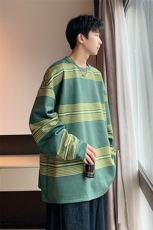 Y5530P45港风麂皮绒圆领条纹拼接卫衣男宽松长袖T恤打底衫外套，男装卫衣，星座1204-3
