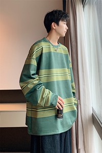 Y5530 P45港风麂皮绒圆领条纹拼接卫衣男宽松长袖T恤打底衫外套图片