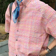 夏季氛围感粉色多巴胺褶皱格子撞色短袖衬衫男高级感衬衣CA55-P35，男装T恤，星座208-5