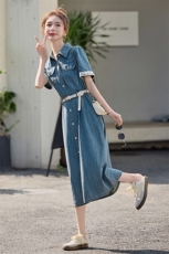 蕾丝拼接收腰牛仔连衣裙女2025夏季复古港风设计感又酷又飒连衣裙，女装连衣裙，E百度