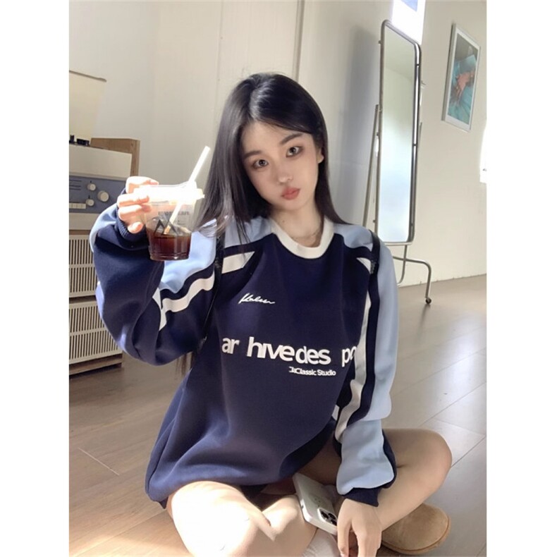QC028-P55美式复古风字母刺绣撞色拼接长袖卫衣女秋宽松显瘦上衣,女装卫衣/绒衫,星座617A-2