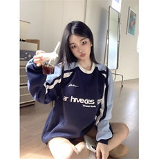 QC028-P55美式复古风字母刺绣撞色拼接长袖卫衣女秋宽松显瘦上衣，女装卫衣/绒衫，星座617A-2