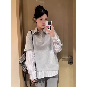 韩系chic学院风假两件翻领长袖t恤女早秋季衬衫拼接Polo领上衣潮图片