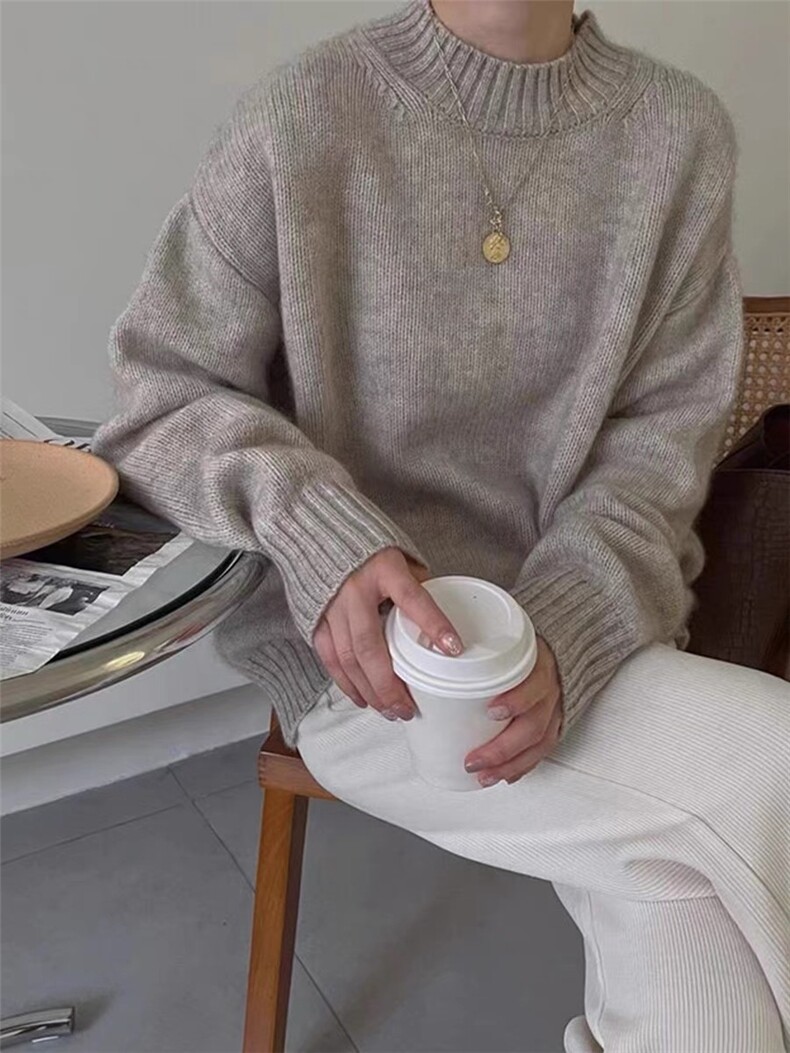 秋冬羊毛针织衫女圆领韩版慵懒风宽松纯色打底衫，女装羊毛衫，思途羊绒