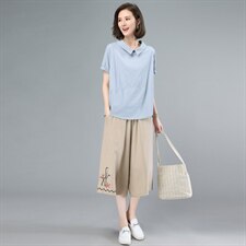 2021夏季新款简约时尚气质翻领个性减龄绣花七分阔腿裤棉麻两件套，女装套装/套裙，奕阳依阁
