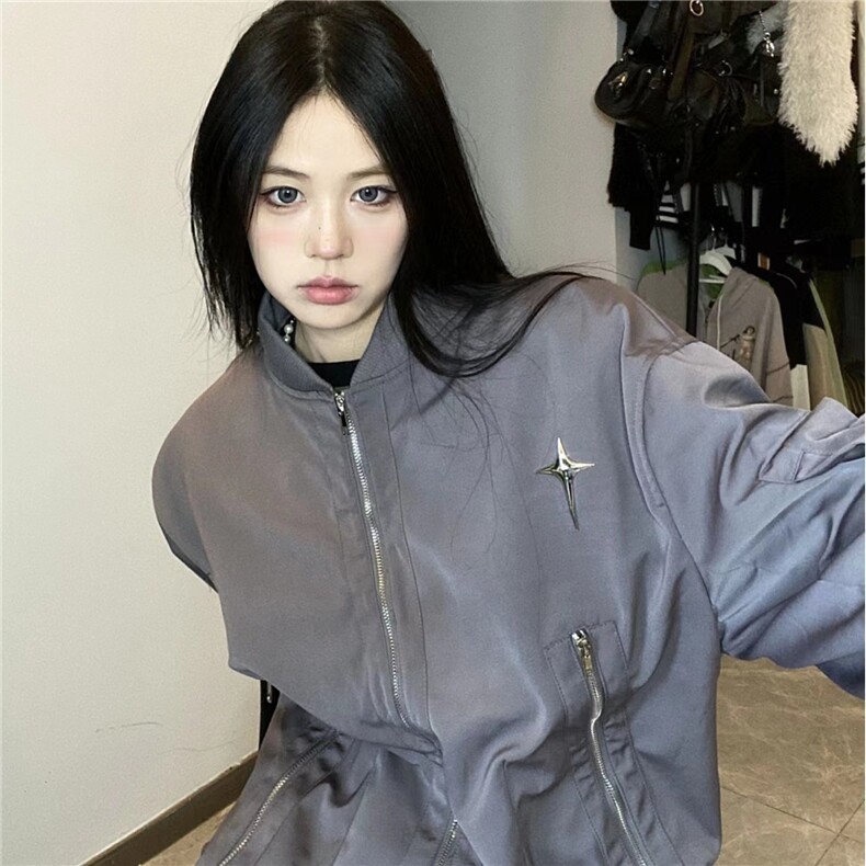 纯色拉链原宿新款直筒型百搭女潮流长袖短外套ins简约文艺流行,女装短外套,星座1210-1