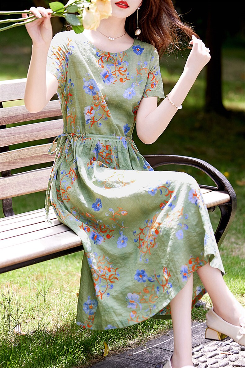 文艺气质印花棉麻连衣裙女2026夏季新款抽绳收腰显瘦时尚碎花长裙,女装连衣裙,倪叶myz